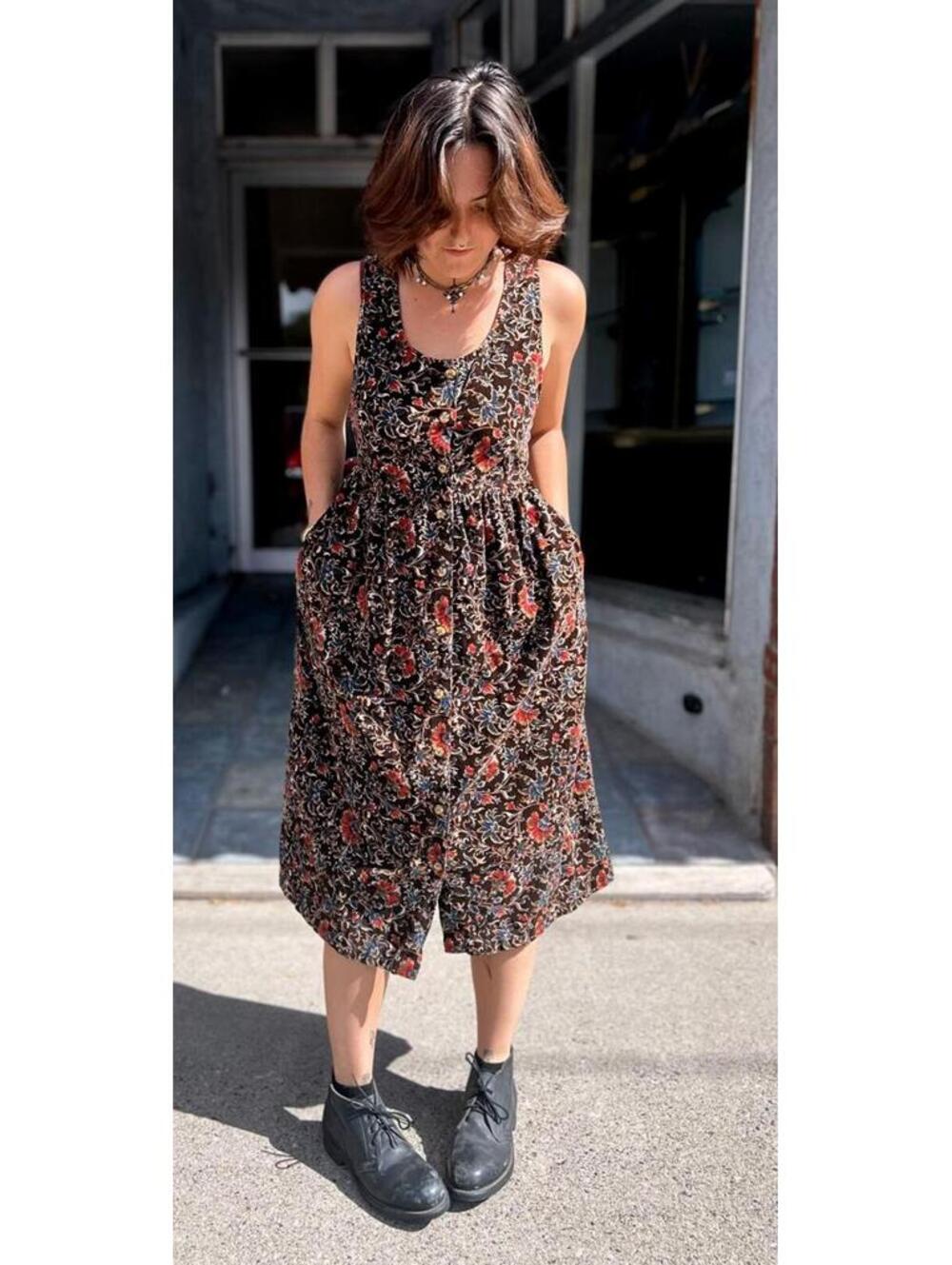 90s Capacity Large Brown Corduroy Floral Midi Dress Pockets